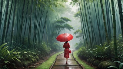 雨中竹林撑伞姑娘