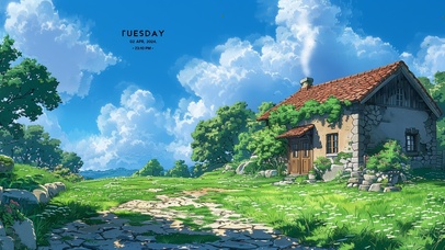 蓝天白云草地小屋