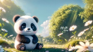  蓝天下草地熊猫