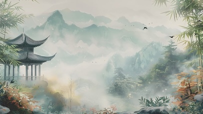 山水自然风景群山绿树竹林庭院