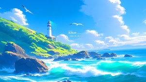 清新湖水灯塔