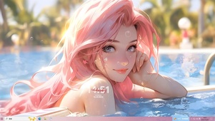 泳池纯欲粉发美女