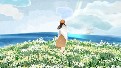 4K 花丛里的女孩看海