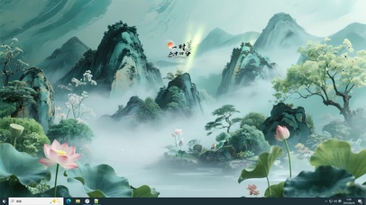  水墨荷花屏风山河图