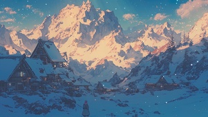 清晨静谧雪山山谷村庄