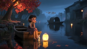 夜晚枫树小船
