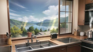 温馨厨房窗外的湖与远山