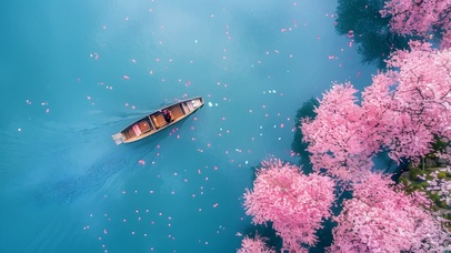 樱花湖边小船