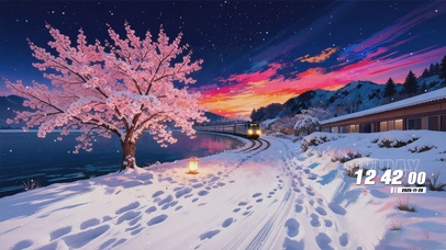 夜晚雪景樱花火车树木