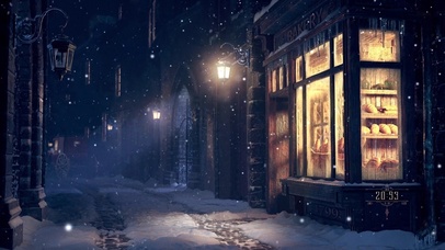 夜晚下雪街边的面包店