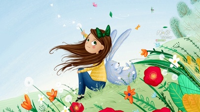 （免费）草坡上的小女孩与兔子