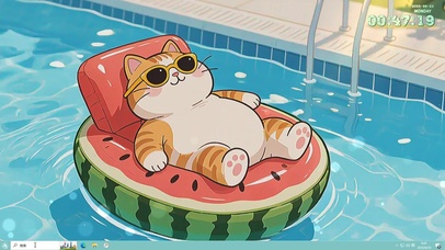 夏天 猫咪躺气床上享受着