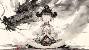 水墨风祈福女孩与龙