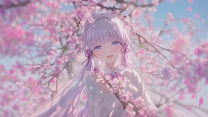 樱花树下-唯美白发女孩