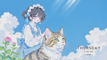 治愈系：蓝天白云下的少女与猫