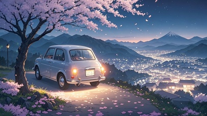 夜晚山顶小汽车俯瞰小镇