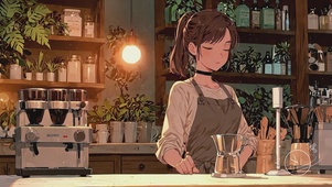 深夜咖啡店里打工的女孩