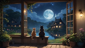 夜晚窗边赏月猫咪