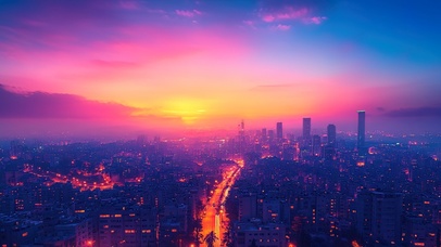 梦幻晚霞城市夜景