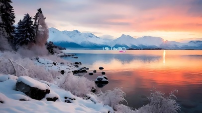 晚霞雪景湖泊
