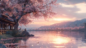 唯美湖畔樱花树