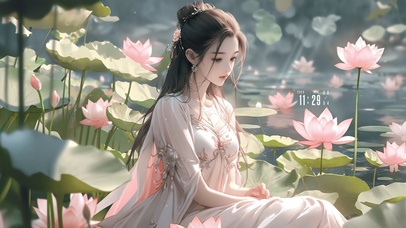 4K唯美古风国风汉服荷塘女孩