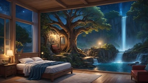 夜晚树旁温馨卧室