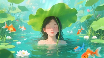 清新荷叶锦鲤女孩