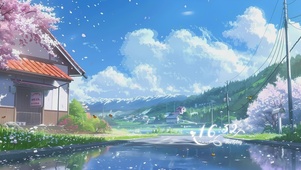 蓝天白云樱花房屋树木景色