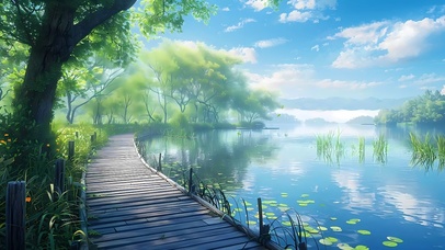 春天湖面木桥