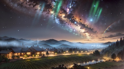 唯美治愈极光星空夜晚村庄