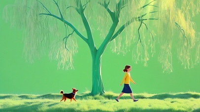 柳树下的女孩与小狗