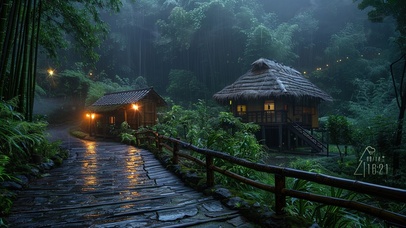 夜晚森林雨