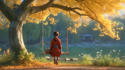 树下荡秋千的女孩
