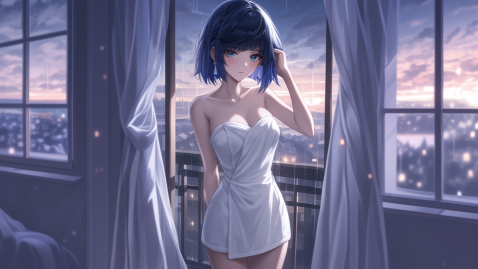 黄昏雨夜的落地窗边，身着白色抹胸短浴袍的二次元女性侧身站立，窗外是粉紫渐变暮色与模糊城市夜景，整体呈蓝紫柔焦色调。