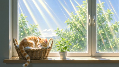 窗畔橘眠静沐晴光