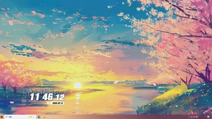 油画夕阳海景樱花树木桌面主题