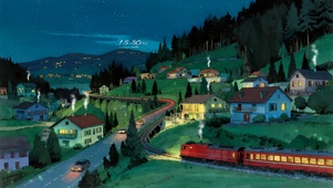 夜晚森林小镇之景	