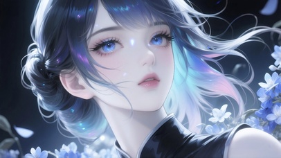 蓝雪花花海荧光旗袍美女