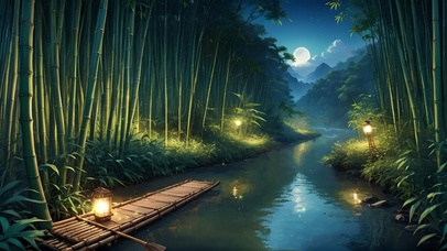 夜晚河中竹筏