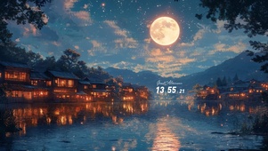 湖畔灯火星空