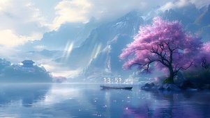 湖边樱花树