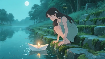 夏夜溪边许愿少女