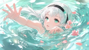花瓣浴中撒花的少女