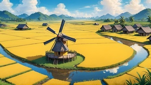 金色稻田中的风车小屋