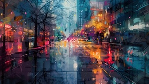 闪烁霓虹灯光的雨后街景