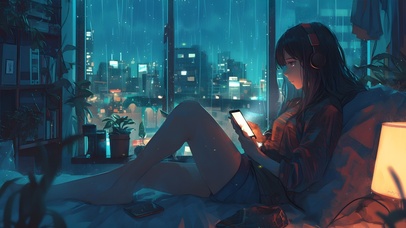 雨天夜晚玩手机的女孩