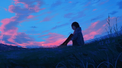 唯美夕阳云彩草地女孩