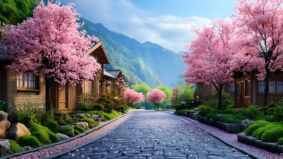 山间樱花城镇石路