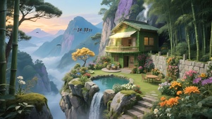 山顶瀑布竹屋